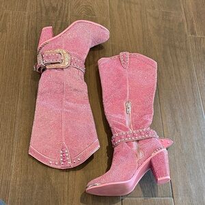 Pink Rhinestone Embellished Knee-High Boots
